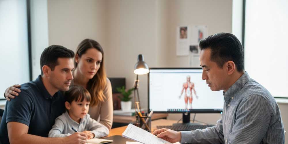 otorrino Fausto Nakandakari, analisando os exames pré-operatórios para a amigdalectomia