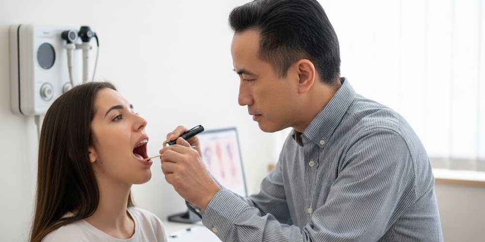 otorrino Fausto Nakandakari avaliando amigdalite de repetição