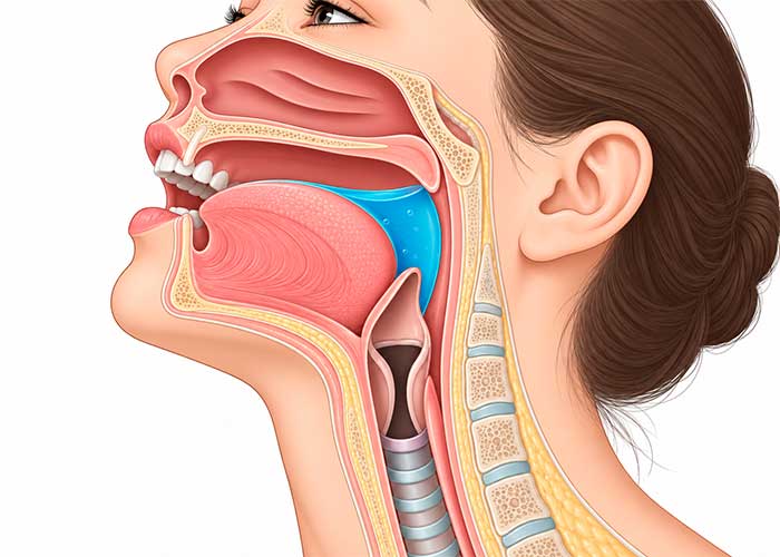 Ilustração em corte de perfil da cabeça com a cabeça inclinada para trás, mostrando a solução do gargarejo ocupando o fundo da garganta, com a via aérea livre