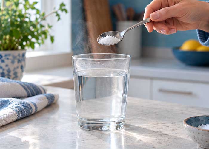 Colher de chá com sal ao lado de um copo de vidro cheio até a metade com água morna, sobre uma bancada de cozinha