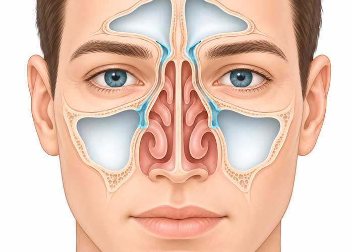 Ilustração em corte frontal da cabeça mostrando os seios maxilares e frontais e os canais estreitos que os ligam à cavidade nasal